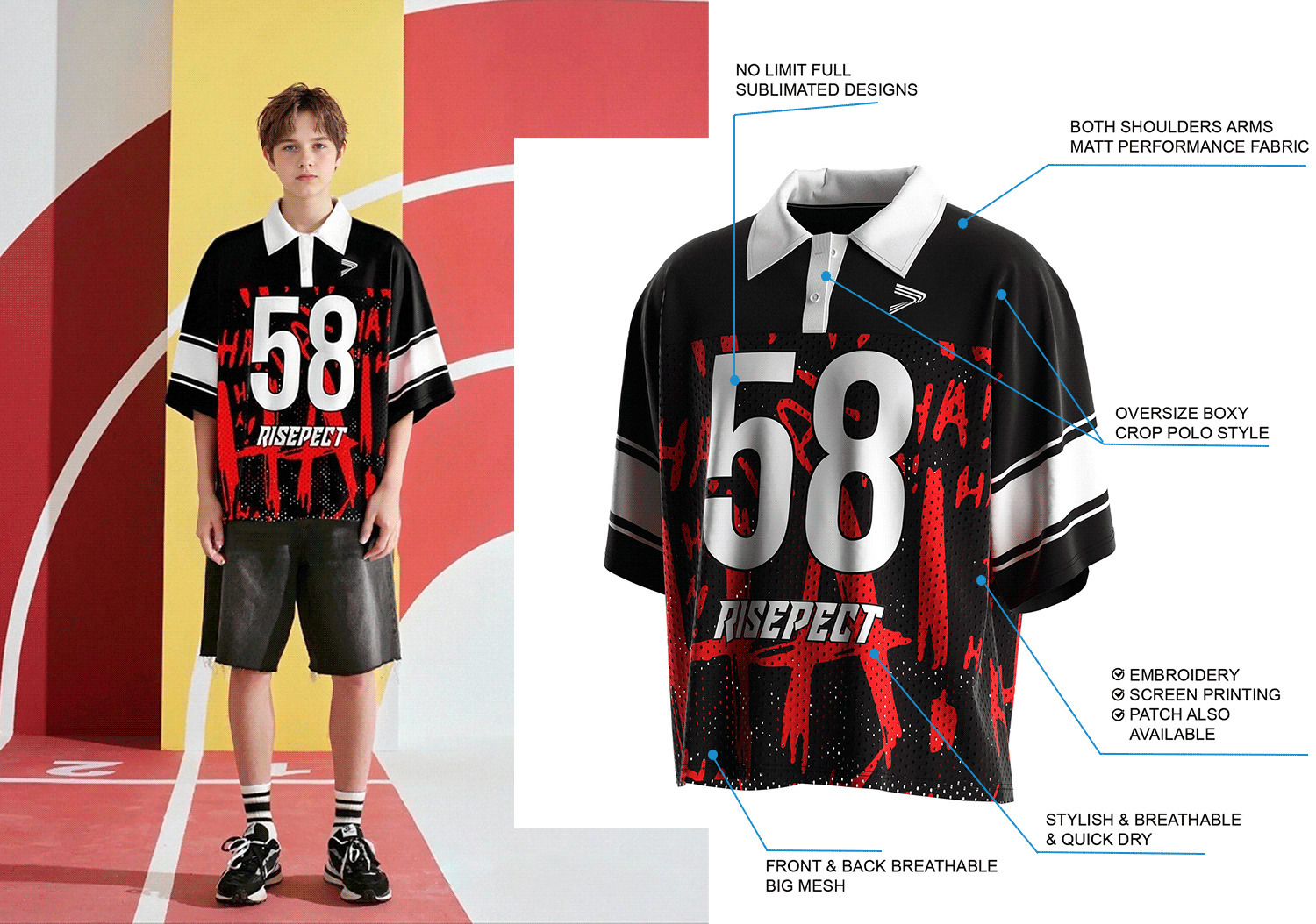 Teen boy wearing a Polo Collar American Football Jersey in a front view, alongside a 3D model display of the same jersey showing detailed features such as the breathable mesh panels, matte shoulder fabric, and full sublimation print for custom design.