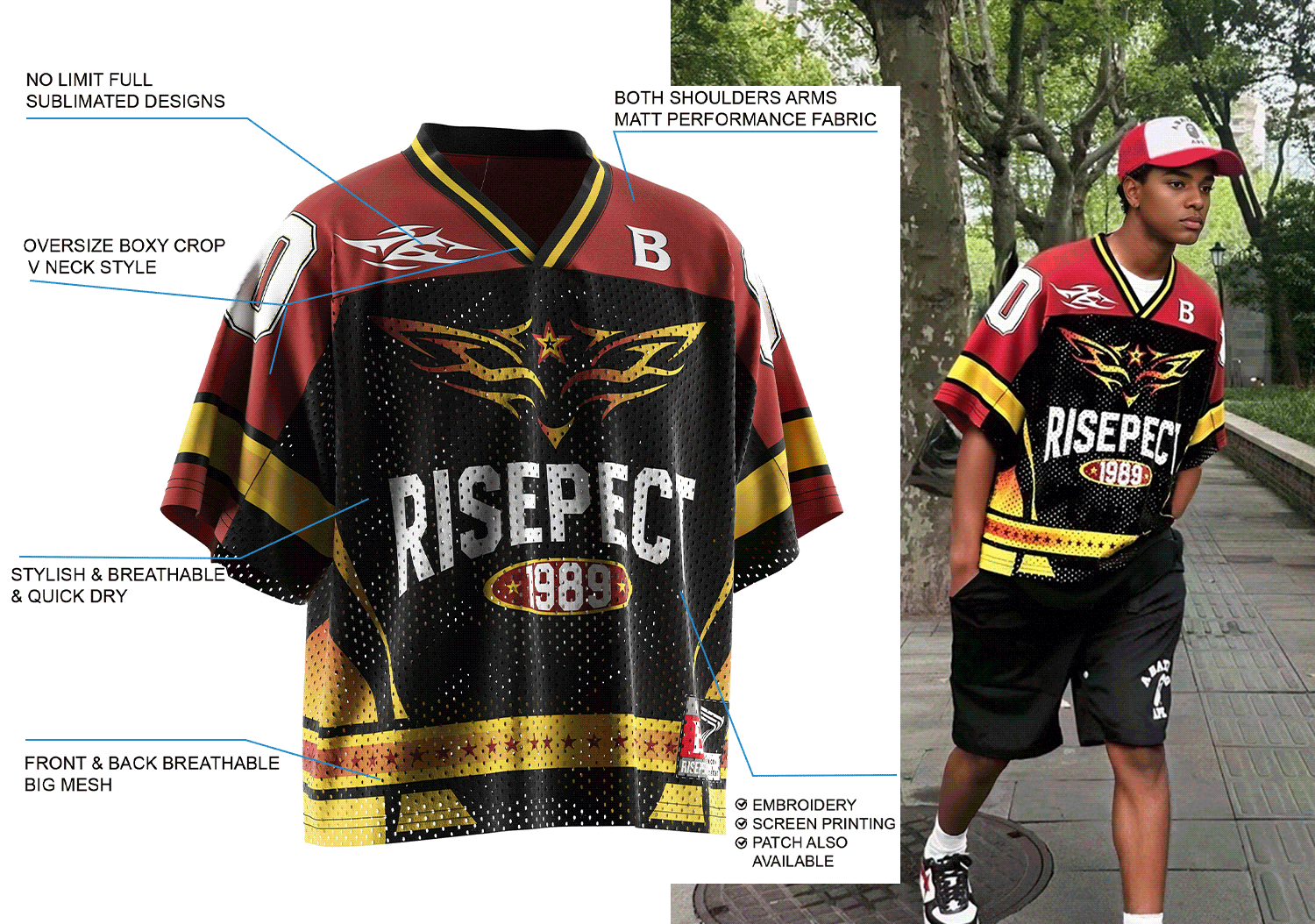 Teen boy wearing a V-neck American Football Jersey in a front view, alongside a 3D model display of the same jersey showing detailed features such as the breathable mesh panels, matte shoulder fabric, and full sublimation print for custom design.