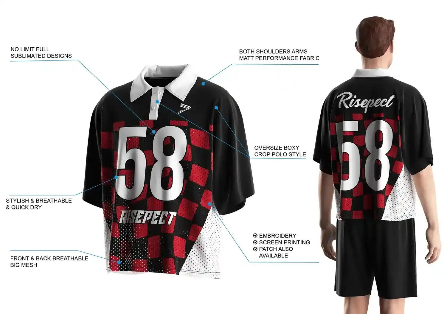 Features of Red and Black Plaid Street Retro Football Polo Shirt