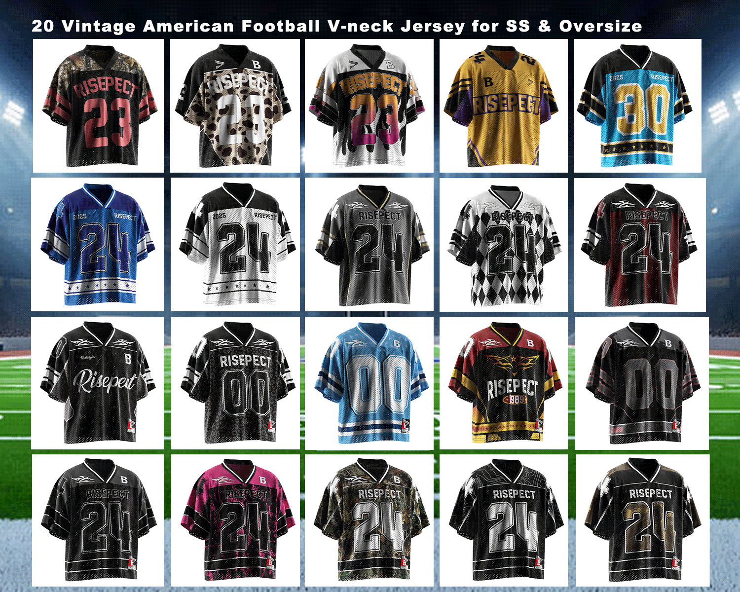 20 V-neck boxy crop American football jerseys with identical cut and style, showcasing different full-sublimated patterns and colors for wholesale or custom streetwear collections.