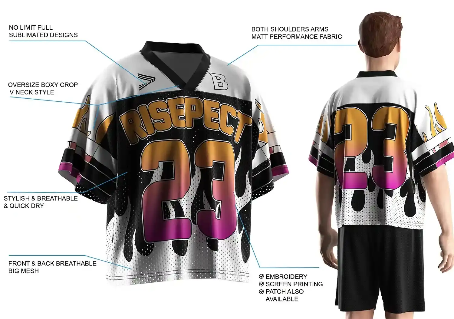 Back view of male model wearing Gold to Magenta Gradient Retro Street American Football Jersey, showing oversize boxy fit, breathable front and back mesh, matte performance fabric on shoulders and arms, stylish quick-dry material, full sublimated design, and customization options including embroidery, screen printing, and patches.
