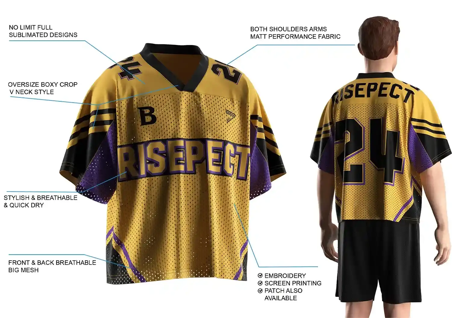 Back view of male model wearing Gold Vintage Pattern Loose Fit American Football Jersey, showing oversize boxy fit, breathable front and back mesh, matte performance fabric on shoulders and arms, stylish quick-dry material, full sublimated design, and customization options including embroidery, screen printing, and patches.