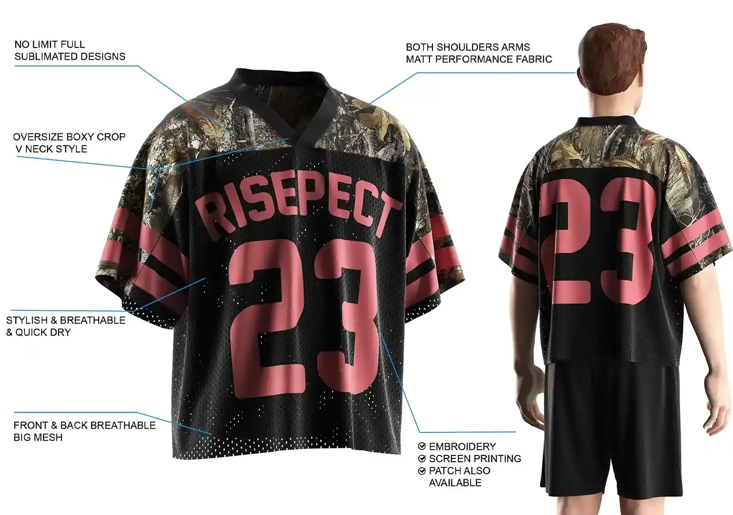 Back view of male model wearing Pink Forest Camo V-neck boxy crop American football jersey, showing oversize boxy fit, breathable front and back mesh, matte performance fabric on shoulders and arms, stylish quick-dry material, full sublimated design, and customization options including embroidery, screen printing, and patches.