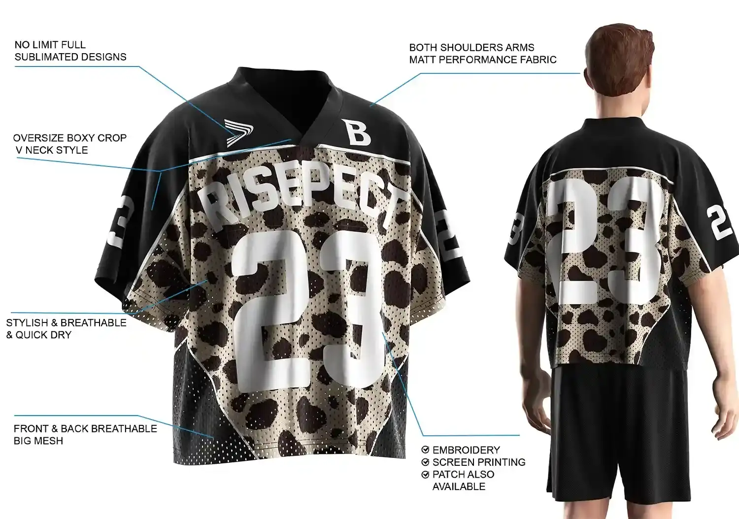 Back view of male model wearing White Camo Number 23 Oversized Vintage American Football Jersey, showing oversize boxy fit, breathable front and back mesh, matte performance fabric on shoulders and arms, stylish quick-dry material, full sublimated design, and customization options including embroidery, screen printing, and patches.