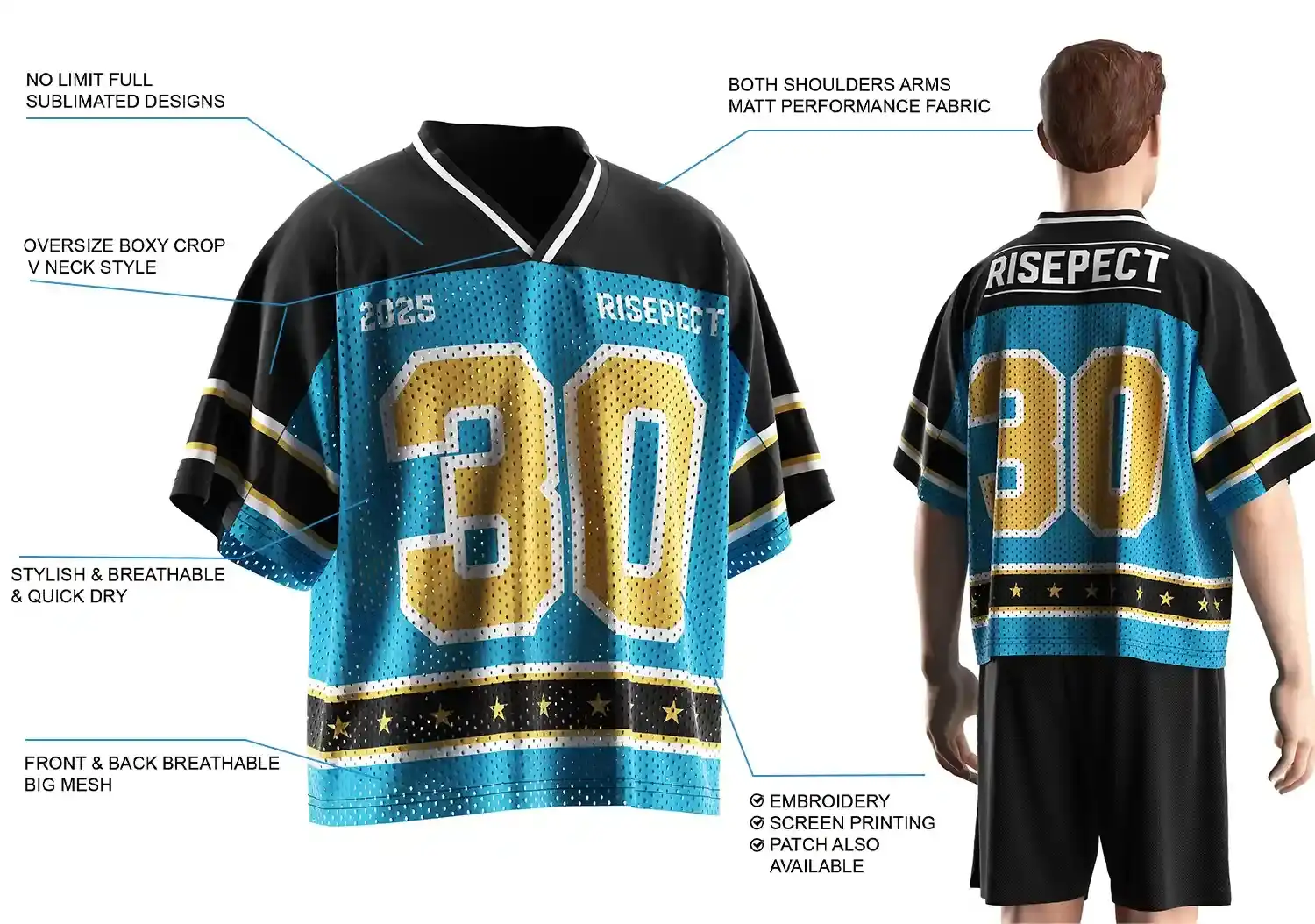 Back view of male model wearing Blue Number 30 V Neck Style Boxy Crop American Football Shirt, showing oversize boxy fit, breathable front and back mesh, matte performance fabric on shoulders and arms, stylish quick-dry material, full sublimated design, and customization options including embroidery, screen printing, and patches.