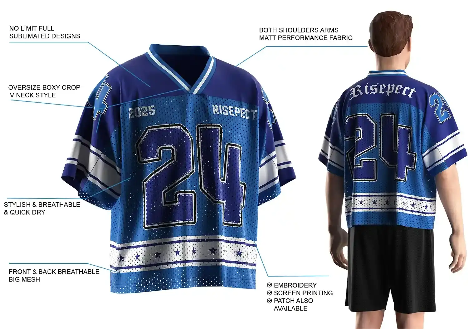 Back view of male model wearing Blue Star Pattern Number 24 Vintage V-Neck American Football Jersey, showing oversize boxy fit, breathable front and back mesh, matte performance fabric on shoulders and arms, stylish quick-dry material, full sublimated design, and customization options including embroidery, screen printing, and patches.