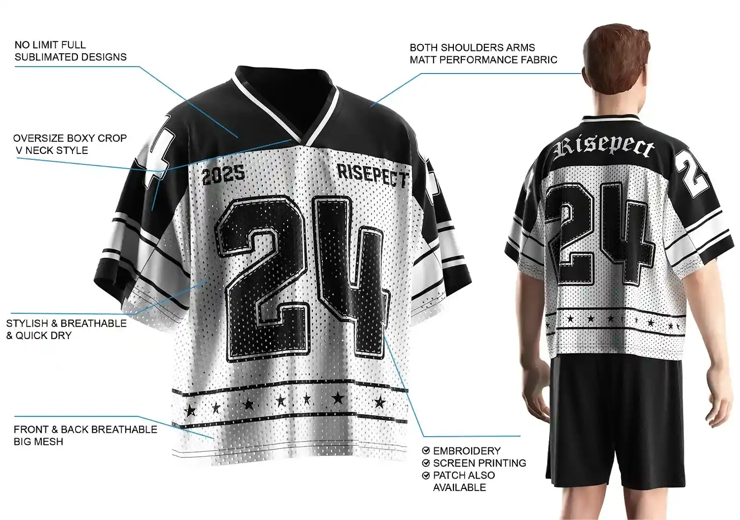 Back view of male model wearing Black & White Number 24 Oversized Football Jersey, showing oversize boxy fit, breathable front and back mesh, matte performance fabric on shoulders and arms, stylish quick-dry material, full sublimated design, and customization options including embroidery, screen printing, and patches.