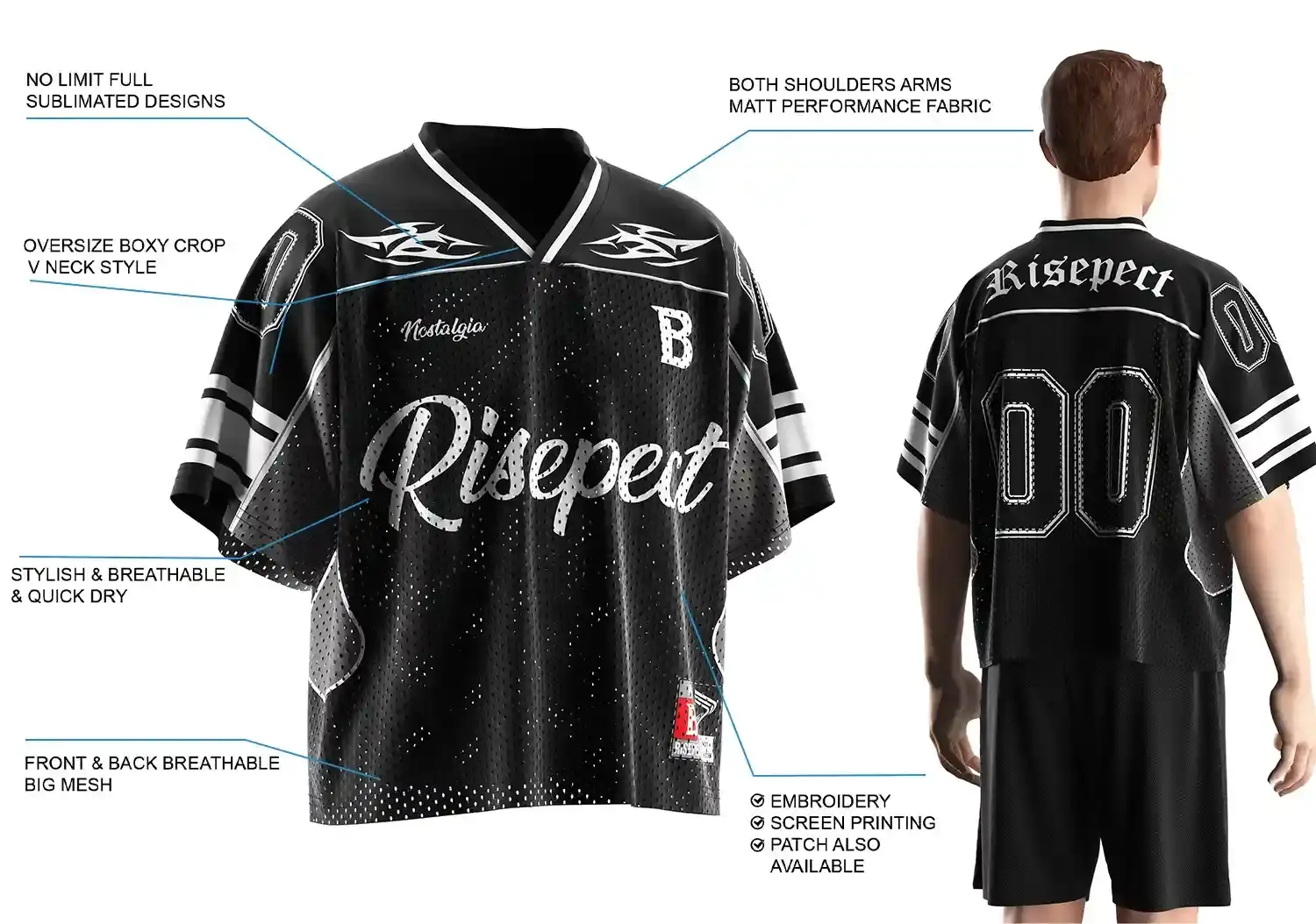 Back view of male model wearing Black & White Retro Boxy V-Neck American Football Jersey, showing oversize boxy fit, breathable front and back mesh, matte performance fabric on shoulders and arms, stylish quick-dry material, full sublimated design, and customization options including embroidery, screen printing, and patches.