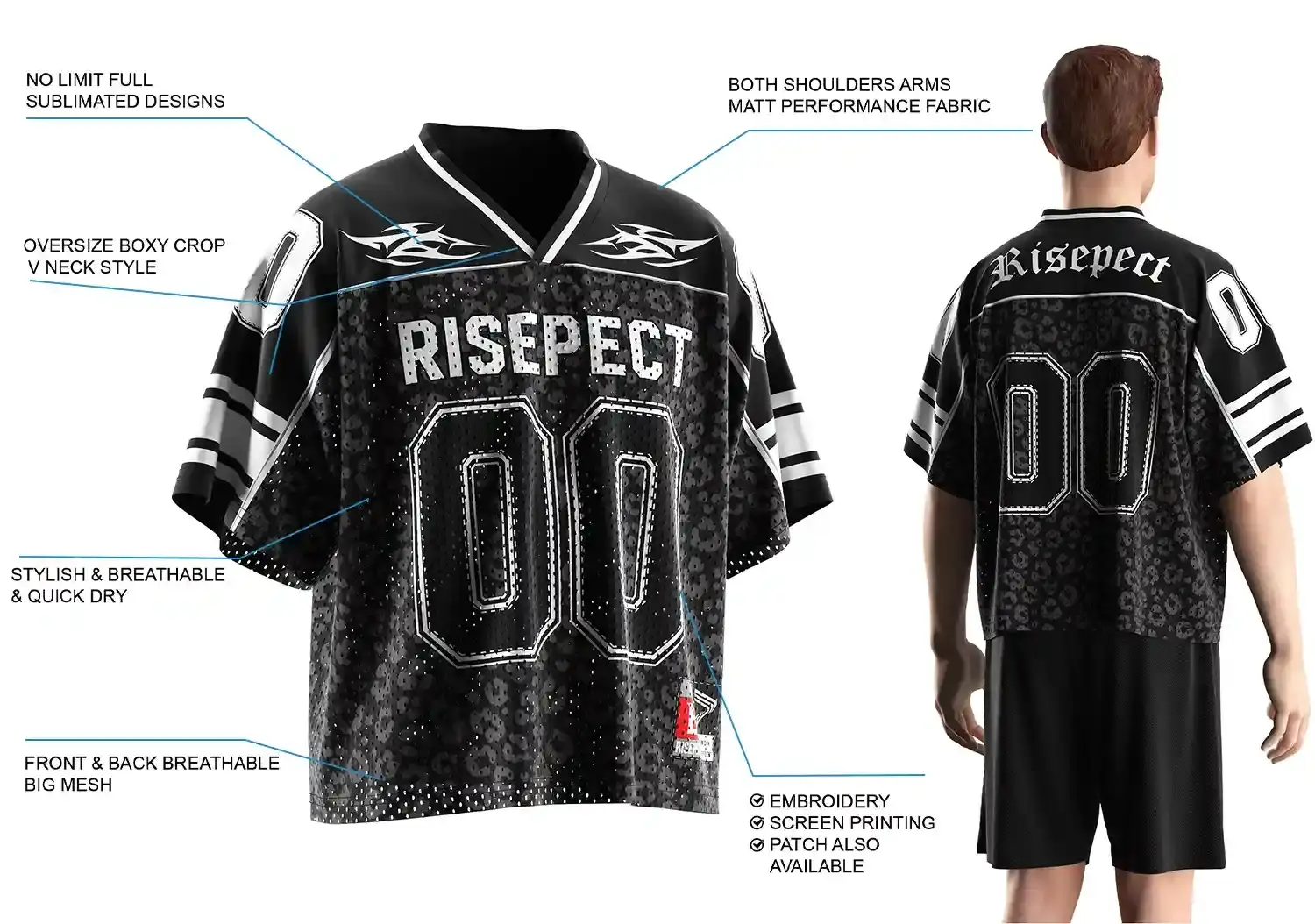 Back view of male model wearing Black Flowers Number 00 Oversized Mesh Streetwear Football Jersey, showing oversize boxy fit, breathable front and back mesh, matte performance fabric on shoulders and arms, stylish quick-dry material, full sublimated design, and customization options including embroidery, screen printing, and patches.