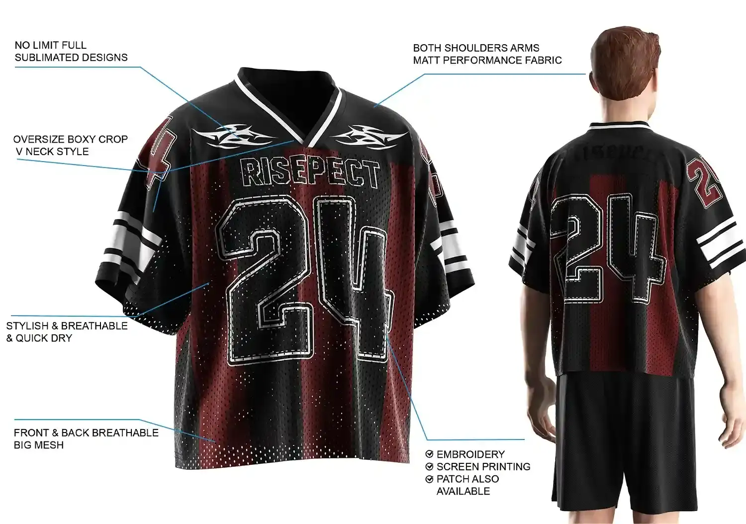 Back view of male model wearing Burgundy Number 24 Loose Fit Street Style American Football Shirt, showing oversize boxy fit, breathable front and back mesh, matte performance fabric on shoulders and arms, stylish quick-dry material, full sublimated design, and customization options including embroidery, screen printing, and patches.