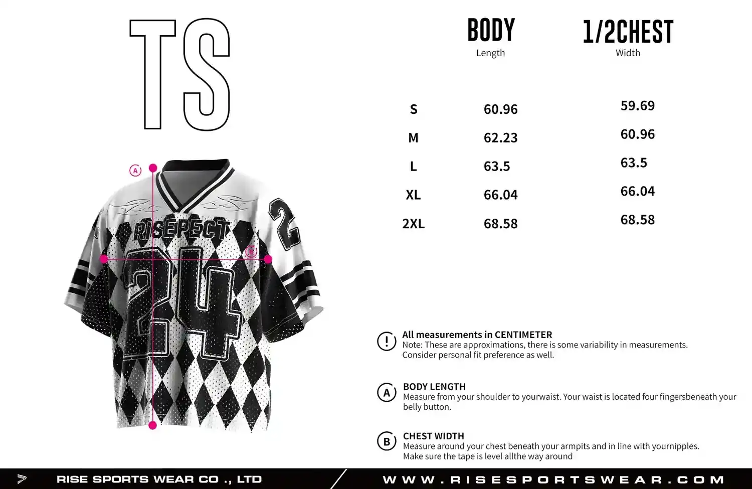 Men's Sizes Chart of vintage football with the White & Black Diamond Pattern Number 24 Jersey