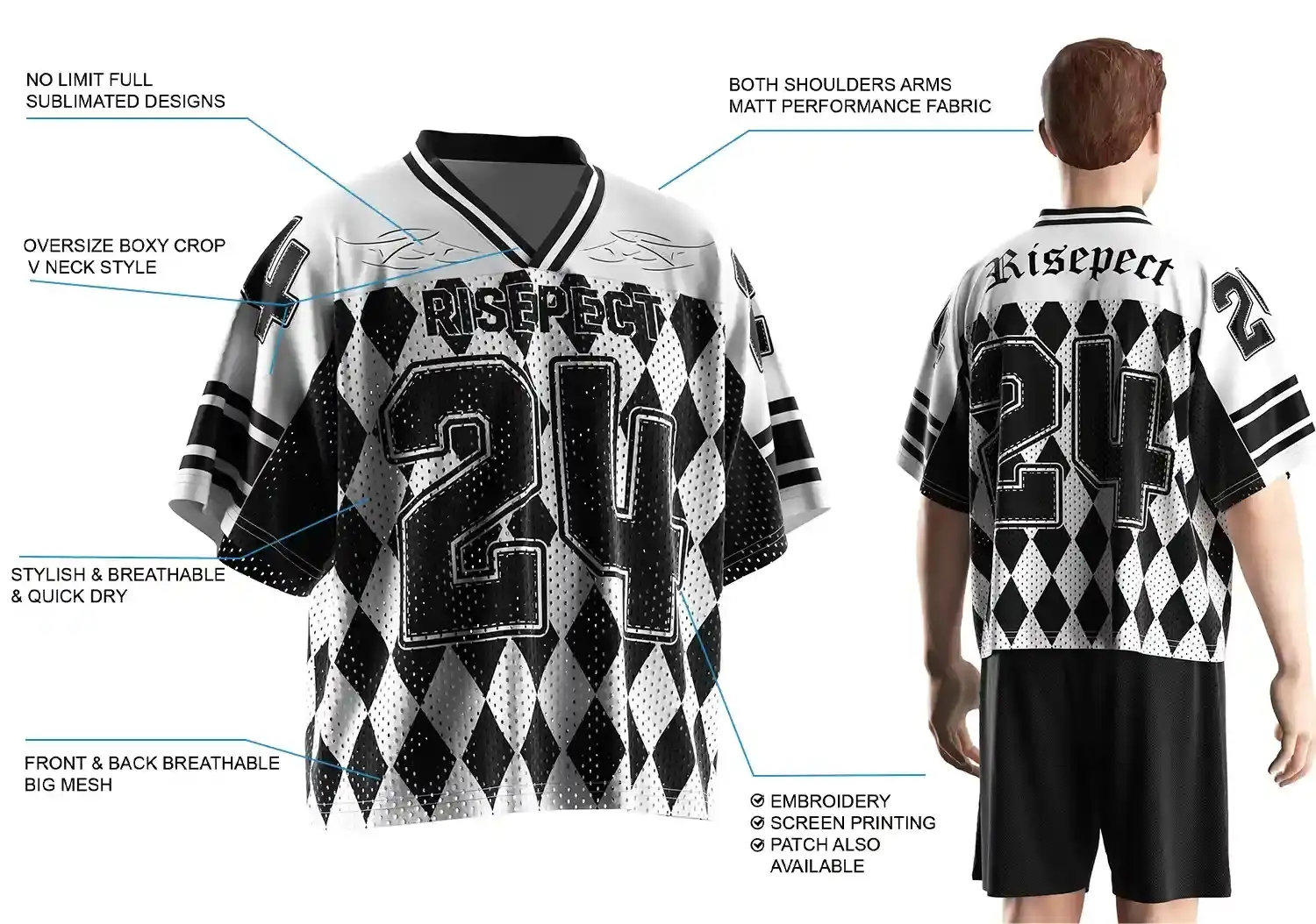 Back view of male model wearing vintage football with the White & Black Diamond Pattern Number 24 Jersey, showing oversize boxy fit, breathable front and back mesh, matte performance fabric on shoulders and arms, stylish quick-dry material, full sublimated design, and customization options including embroidery, screen printing, and patches.