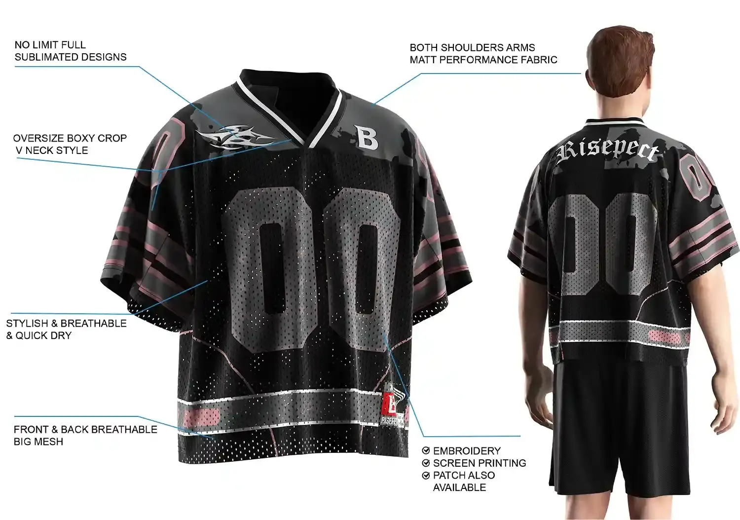 Back view of male model wearing Black & Gray Number 00 V-Neck Oversized American Football Top, showing oversize boxy fit, breathable front and back mesh, matte performance fabric on shoulders and arms, stylish quick-dry material, full sublimated design, and customization options including embroidery, screen printing, and patches.