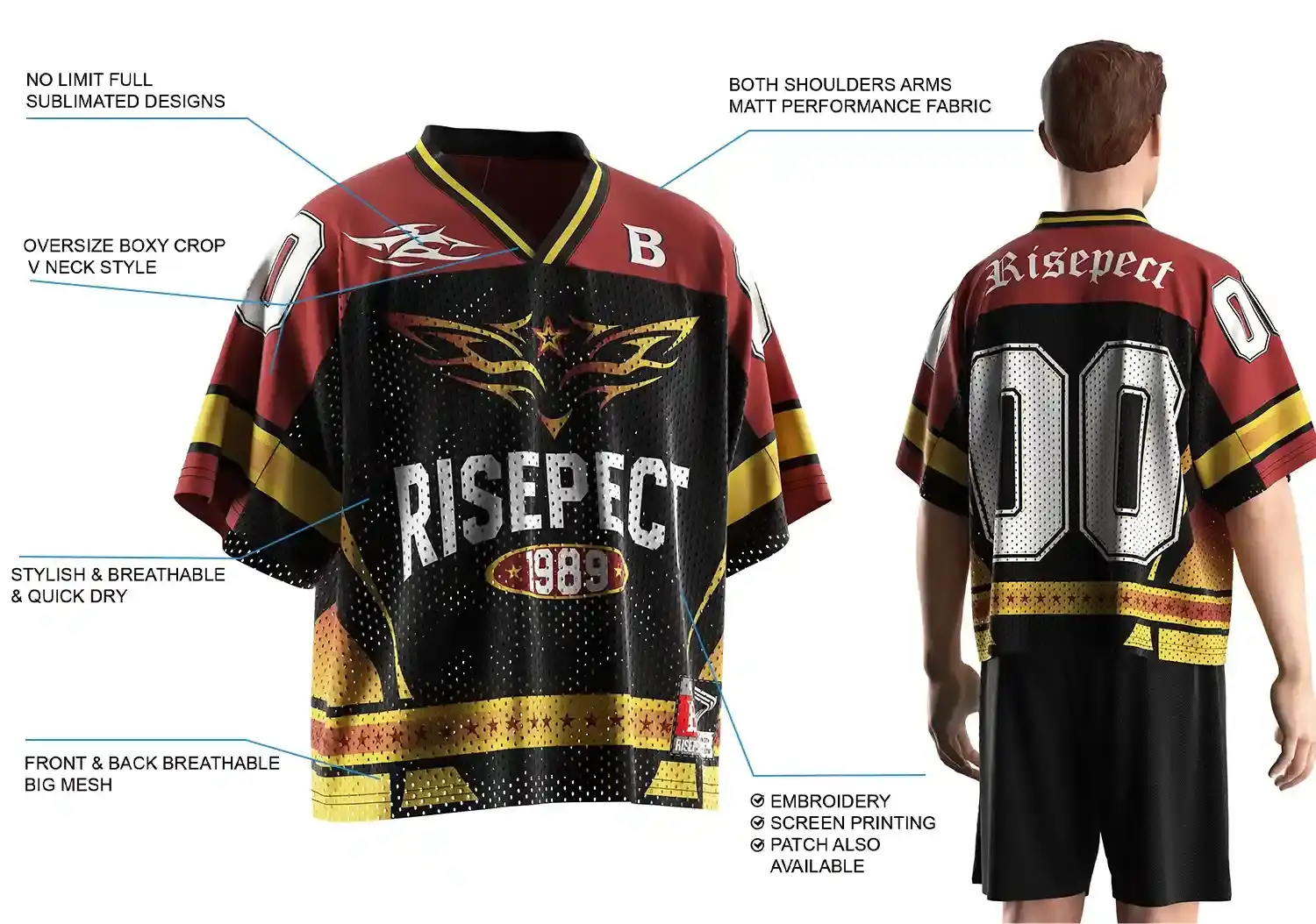 Back view of male model wearing Burgundy & Gold 1989 Graphic Print Vintage Football Jersey, showing oversize boxy fit, breathable front and back mesh, matte performance fabric on shoulders and arms, stylish quick-dry material, full sublimated design, and customization options including embroidery, screen printing, and patches.