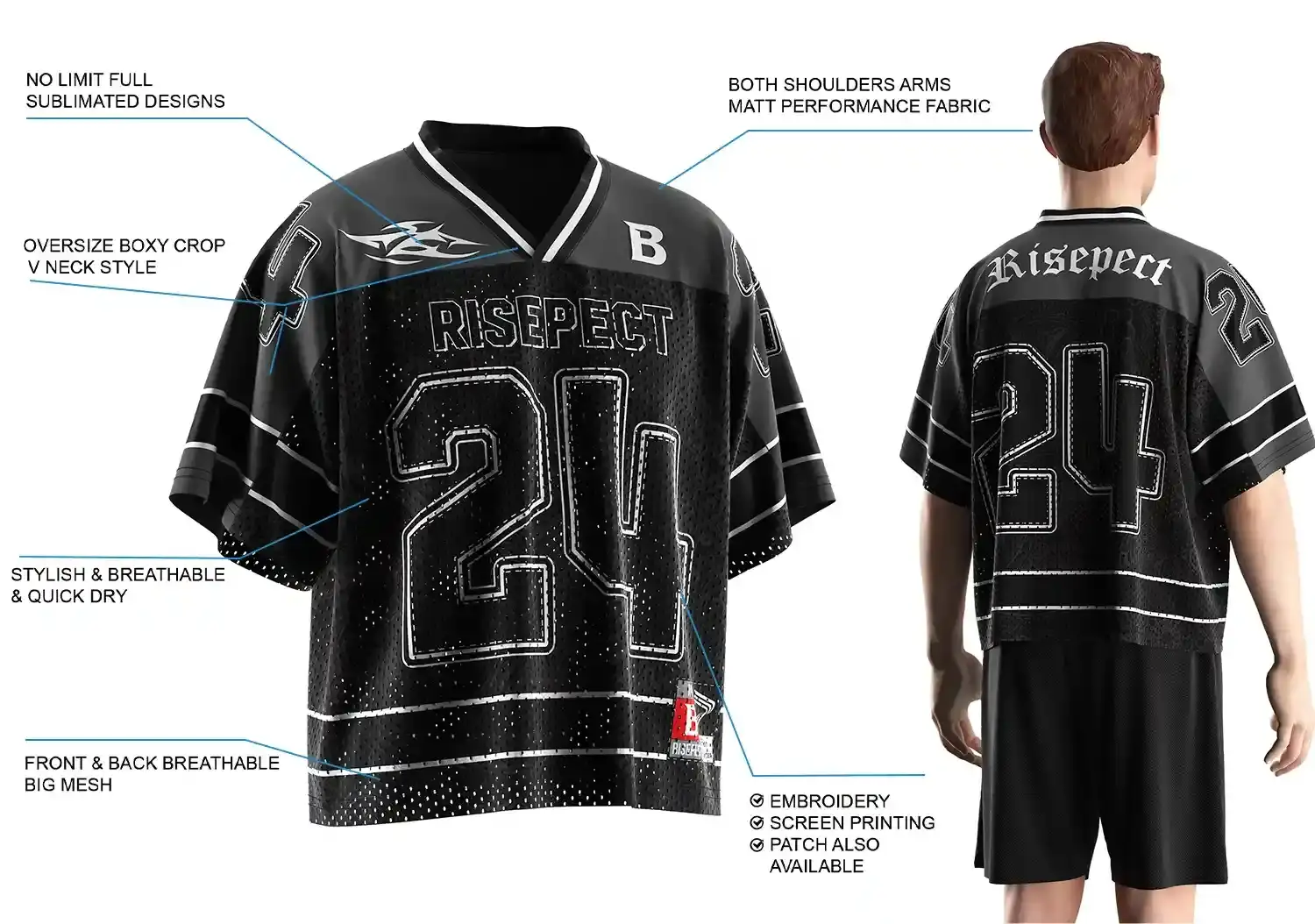 Back view of male model wearing Classic Black Number 24 Loose Fit Streetwear Football Jersey, showing oversize boxy fit, breathable front and back mesh, matte performance fabric on shoulders and arms, stylish quick-dry material, full sublimated design, and customization options including embroidery, screen printing, and patches.