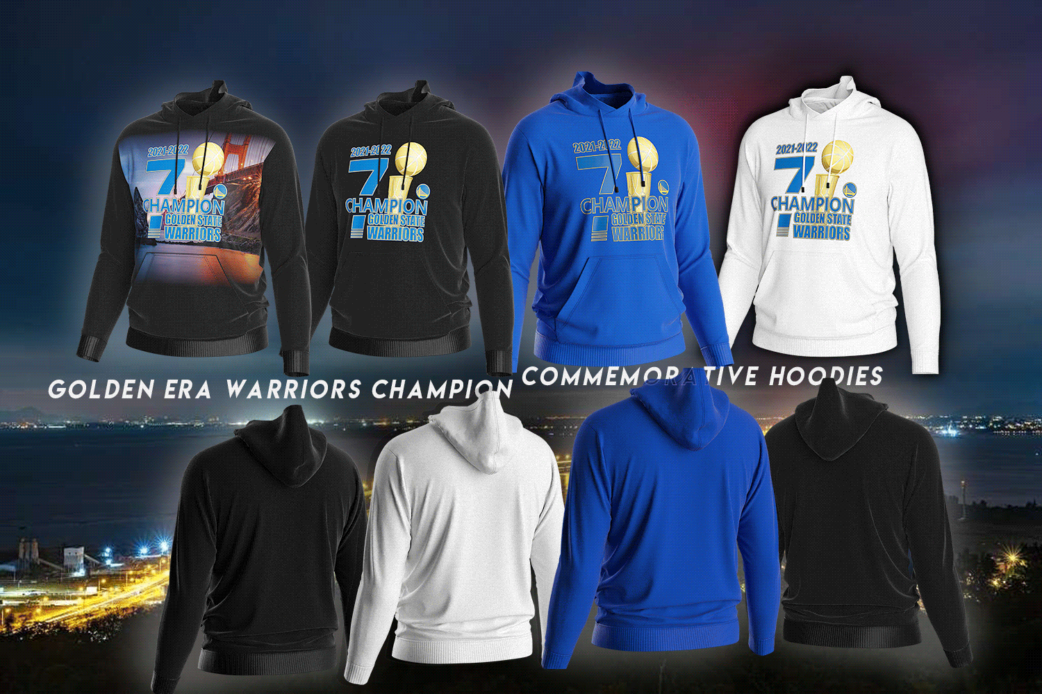 Golden Era Warriors Champion Commemorative Hoodie collection — black and white editions, featuring minimalist designs and a special Golden Gate Bridge graphic representing the spirit of San Francisco basketball culture.
