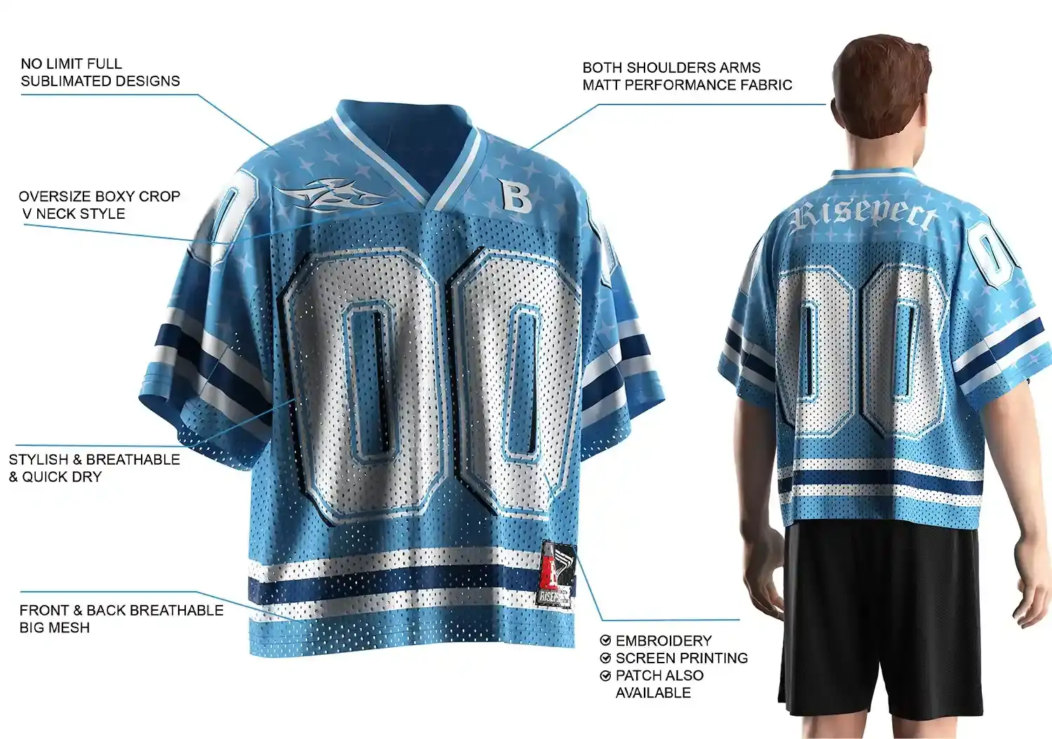 Back view of male model wearing Sky Blue Number 00 Vintage Style Boxy Crop American Football Tee, showing oversize boxy fit, breathable front and back mesh, matte performance fabric on shoulders and arms, stylish quick-dry material, full sublimated design, and customization options including embroidery, screen printing, and patches.