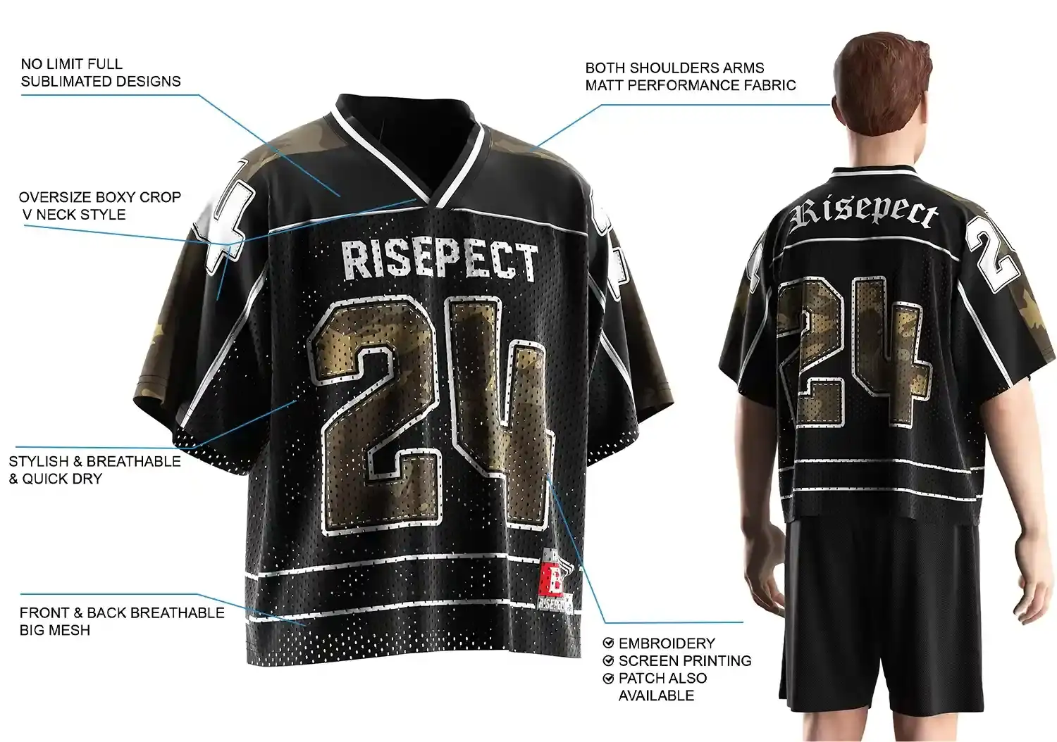 Back view of male model wearing Army Green Camo Number 24 Vintage Street Oversized American Football Tee, showing oversize boxy fit, breathable front and back mesh, matte performance fabric on shoulders and arms, stylish quick-dry material, full sublimated design, and customization options including embroidery, screen printing, and patches.