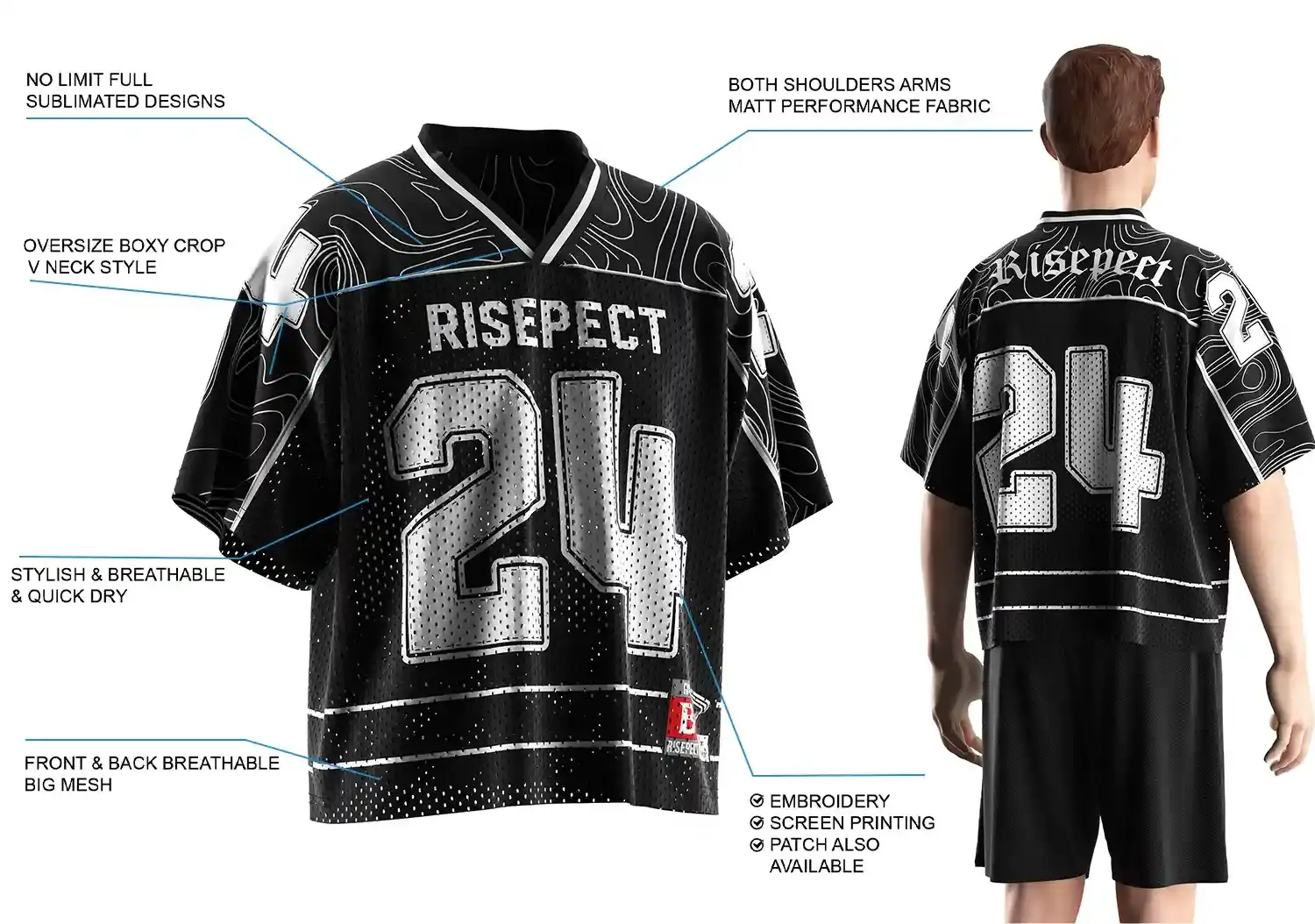 Back view of male model wearing Black & White Number 24 Mesh Boxy Fit Football Jersey, showing oversize boxy fit, breathable front and back mesh, matte performance fabric on shoulders and arms, stylish quick-dry material, full sublimated design, and customization options including embroidery, screen printing, and patches.