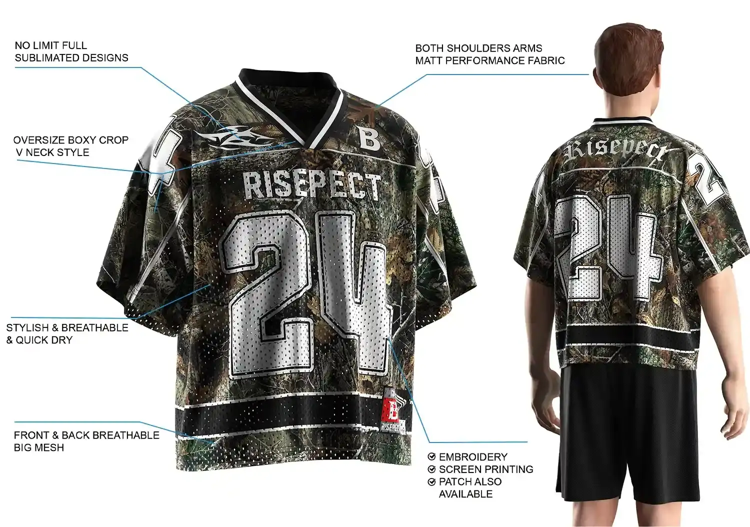 Back view of male model wearing Forest Camo Print Number 24 Oversized V-Neck Street Football Jersey, showing oversize boxy fit, breathable front and back mesh, matte performance fabric on shoulders and arms, stylish quick-dry material, full sublimated design, and customization options including embroidery, screen printing, and patches.