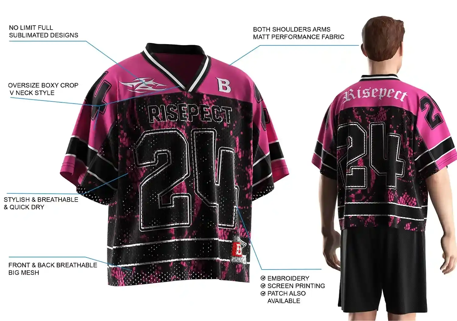 Back view of male model wearing Magenta & Black Number 24 Boxy Mesh Vintage American Football Shirt, showing oversize boxy fit, breathable front and back mesh, matte performance fabric on shoulders and arms, stylish quick-dry material, full sublimated design, and customization options including embroidery, screen printing, and patches.