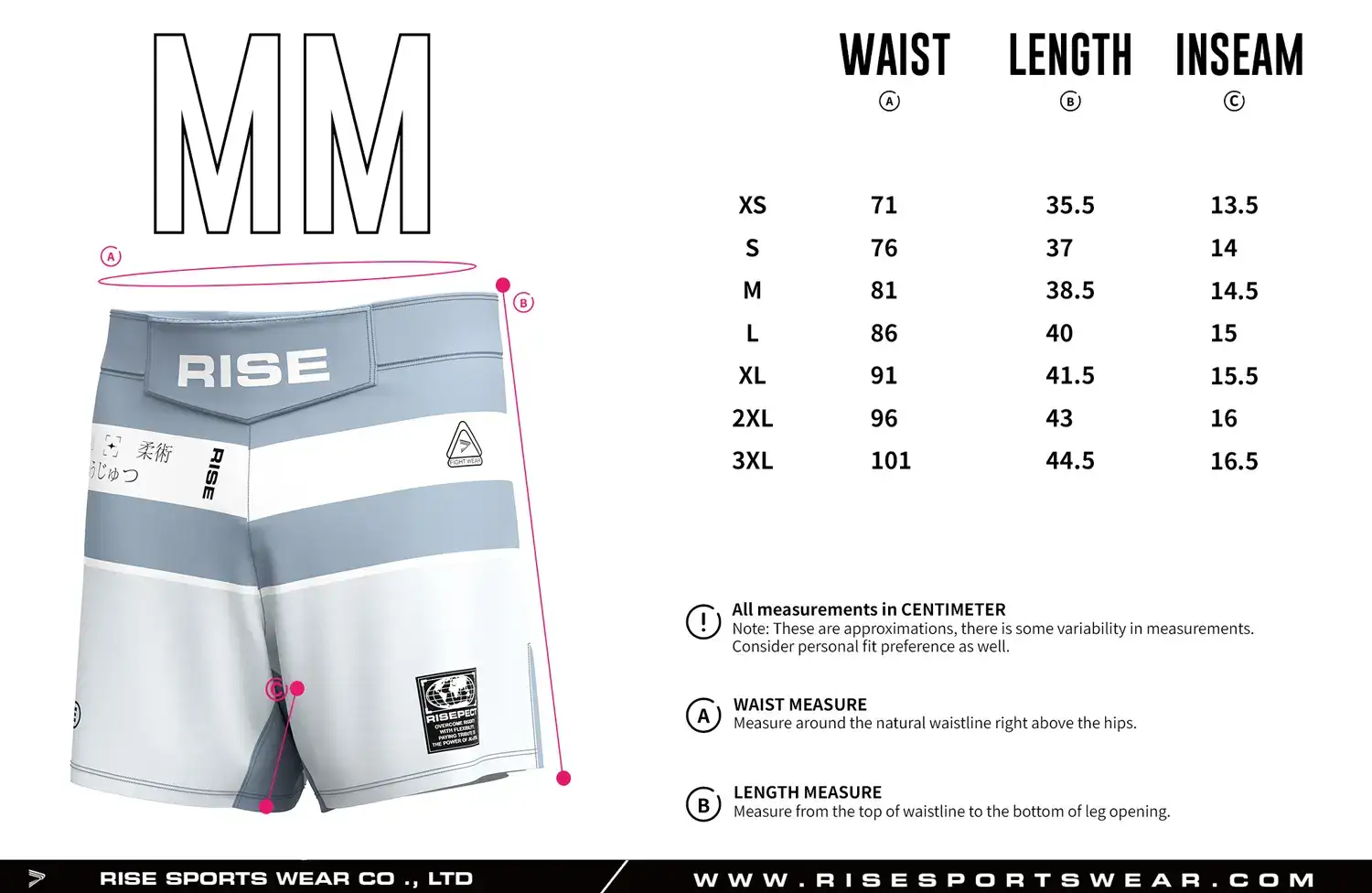 Customized your own sizes chart, or use RISE No-Velcro Blue & Silver Stripes MMA Shorts' measurement chart.