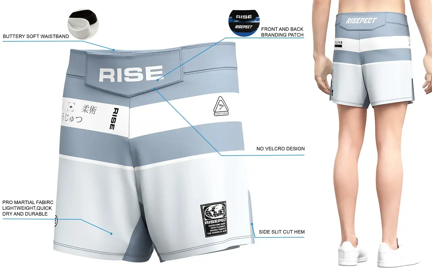 Front and back view of RISE No-Velcro Blue & Silver Stripes MMA Shorts, showing buttery soft waistband, front and back branding patches, no-velcro design, pro martial fabric, and side slit cut hem.