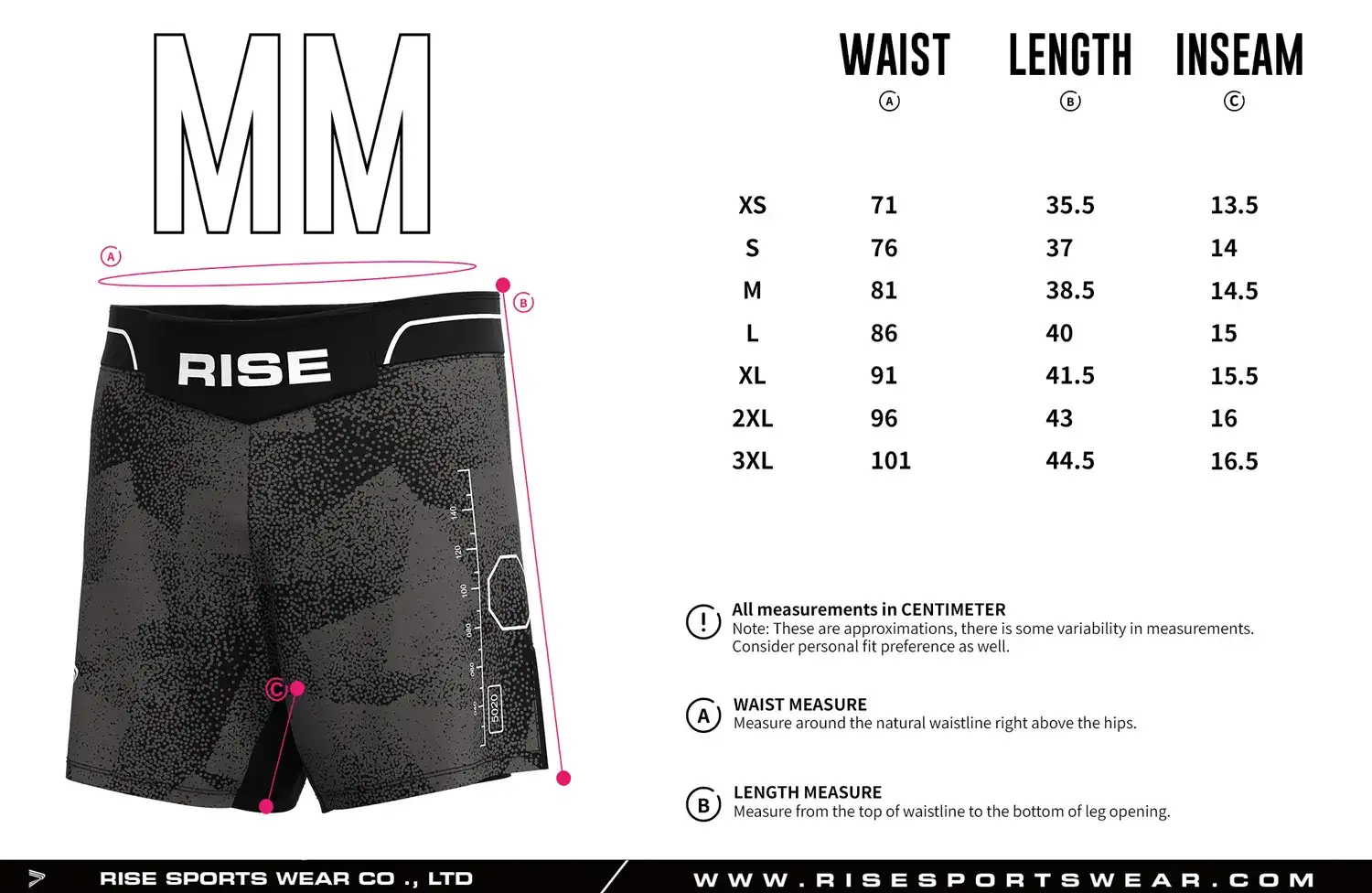 Custom Your Own Sizes Chart or Use RISE Gray Abstract Camo BJJ MMA Shorts' Measurement Chart