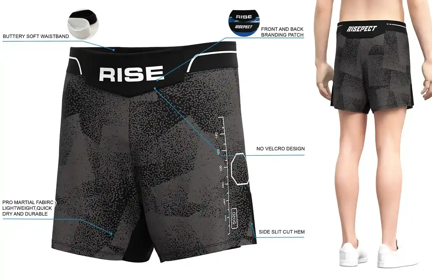 Front and back view of RISE Gray Abstract Camo BJJ MMA Shorts, showing buttery soft waistband, front and back branding patches, no-velcro design, pro martial fabric, and side slit cut hem.