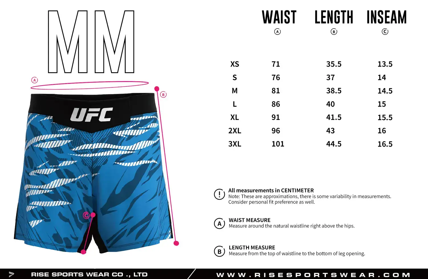 Men's Sizes Chart of RISE No-Velcro BJJ MMA Shorts in blue with white claw-mark graphics