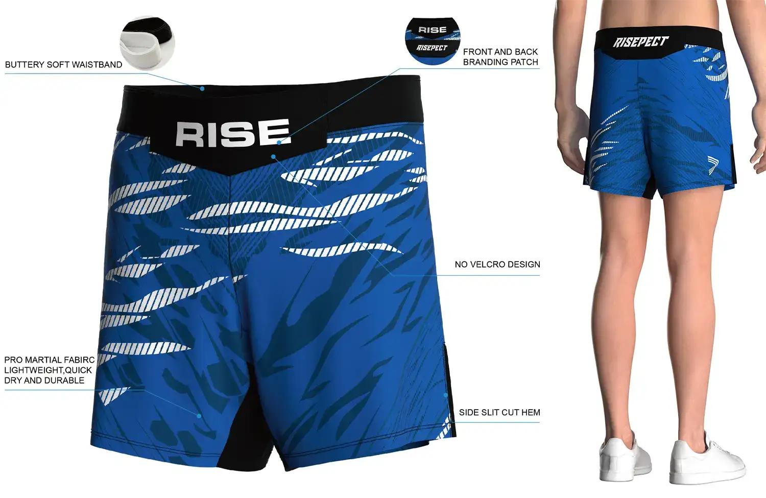 Front and back view of RISE No-Velcro BJJ MMA Shorts in blue with white claw-mark graphics, showing buttery soft waistband, front and back branding patches, no-velcro design, pro martial fabric, and side slit cut hem.
