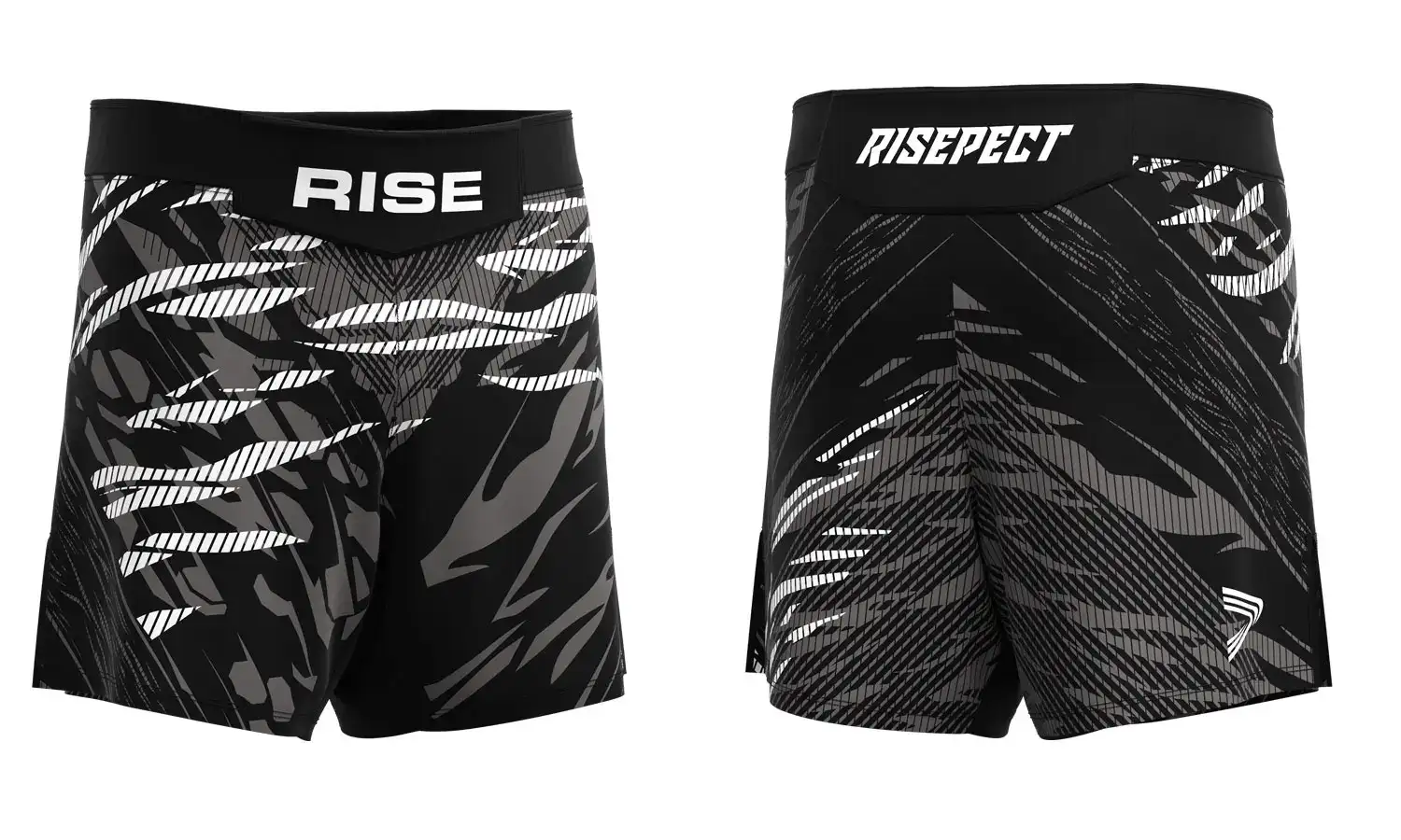RISE No-Velcro BJJ MMA Shorts in black with white and gray claw-mark graphics