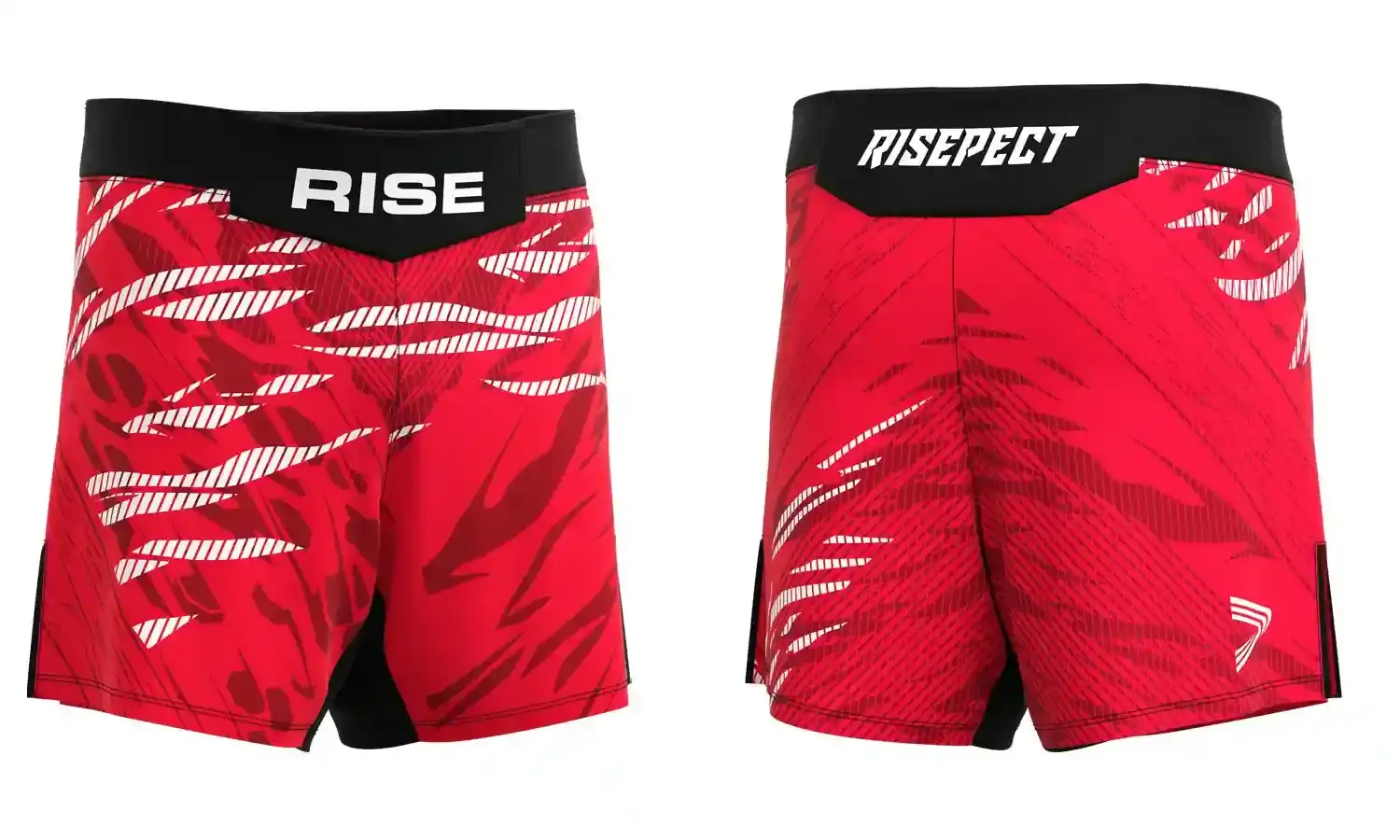 RISE No-Velcro BJJ MMA Shorts in red with white and gray claw-mark graphics