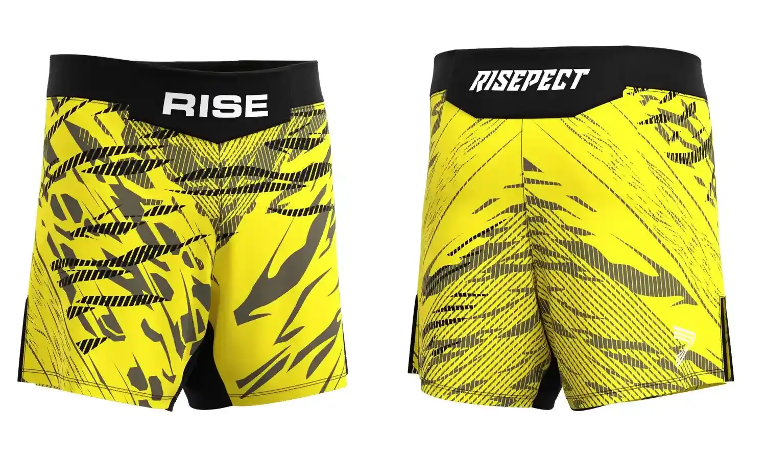 RISE No-Velcro BJJ MMA Shorts in yellow with black claw-mark graphics