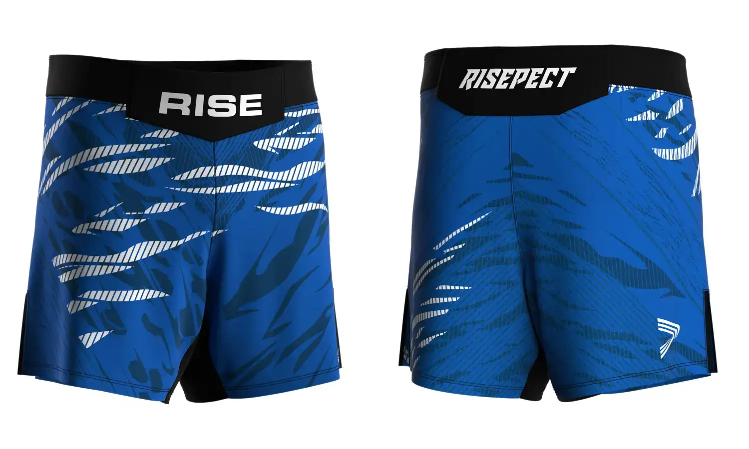 RISE No-Velcro BJJ MMA Shorts in blue with white and gray claw-mark graphics