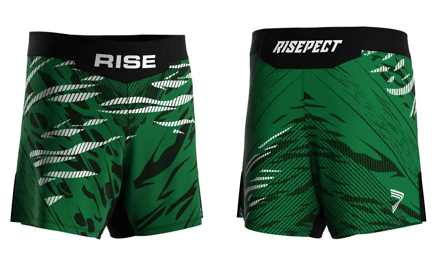 RISE No-Velcro BJJ MMA Shorts in green with black and white claw-mark graphics