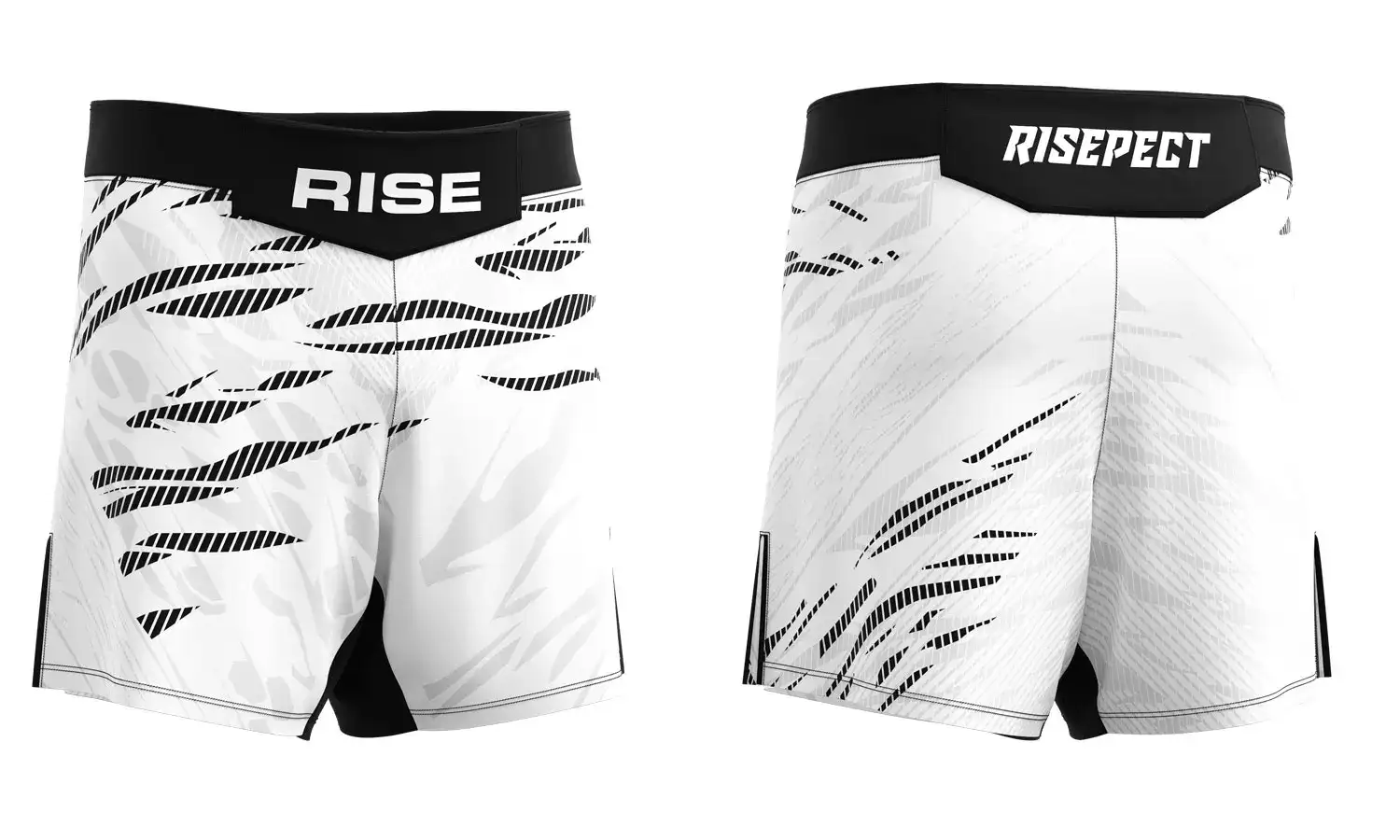 RISE No-Velcro BJJ MMA Shorts in white with black and gray claw-mark graphics