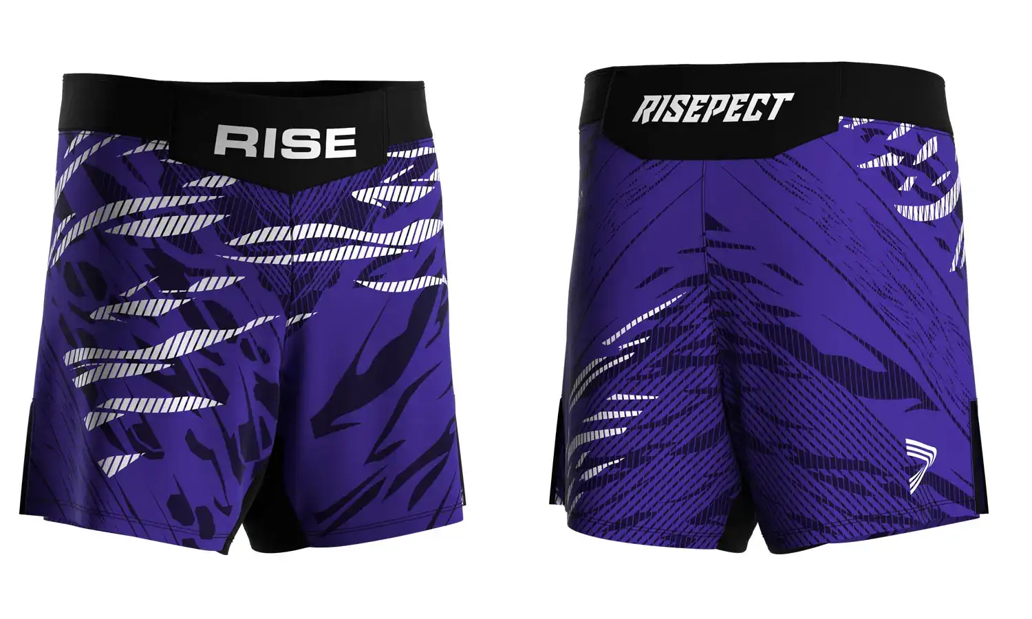 RISE No-Velcro BJJ MMA Shorts in purple with white and black claw-mark graphics