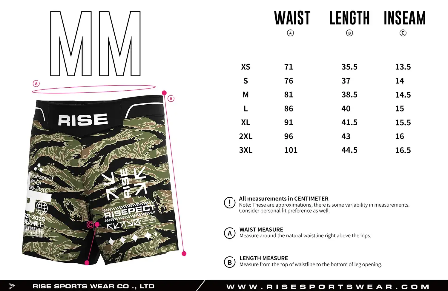 Customize your own sizes chart, or use RISE Tiger Stripe Camo MMA Shorts' measurement chart