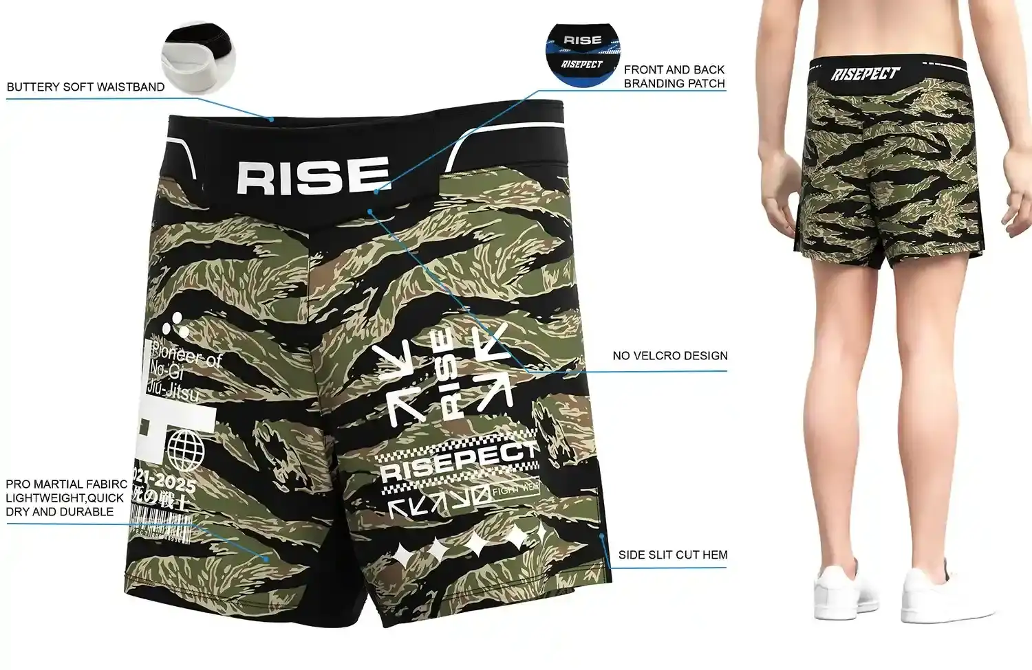 Front and back view of RISE Tiger Stripe Camo MMA Shorts, showing buttery soft waistband, front and back branding patches, no-velcro design, pro martial fabric, and side slit cut hem.