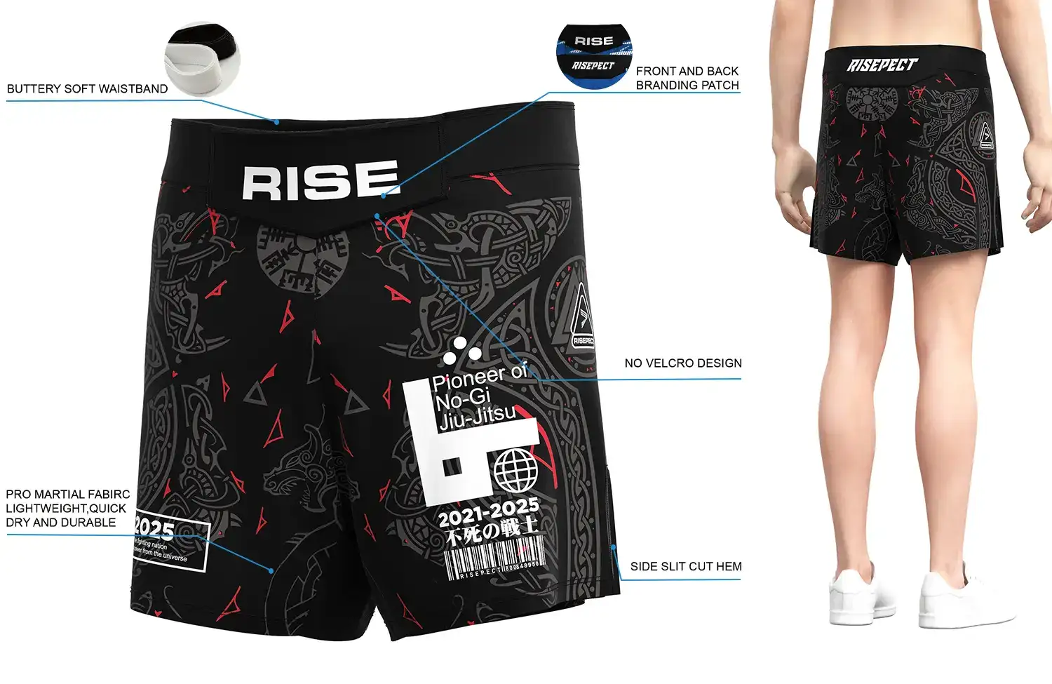 Front and back view of Black Red Celtic Print BJJ Shorts, showing buttery soft waistband, front and back branding patches, no-velcro design, pro martial fabric, and side slit cut hem.