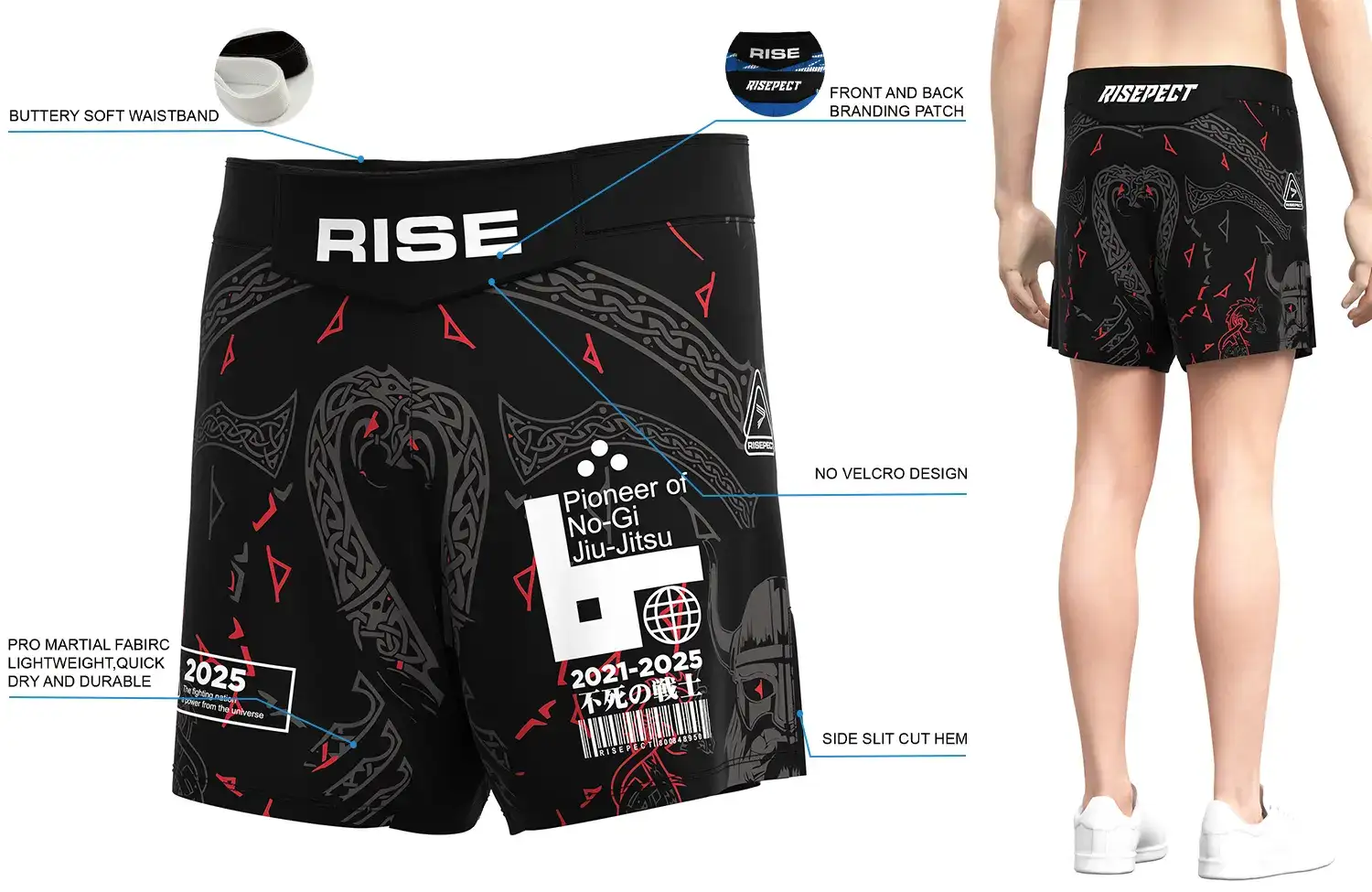 Front and back view of Black Tribal Pattern MMA Shorts, showing buttery soft waistband, front and back branding patches, no-velcro design, pro martial fabric, and side slit cut hem.
