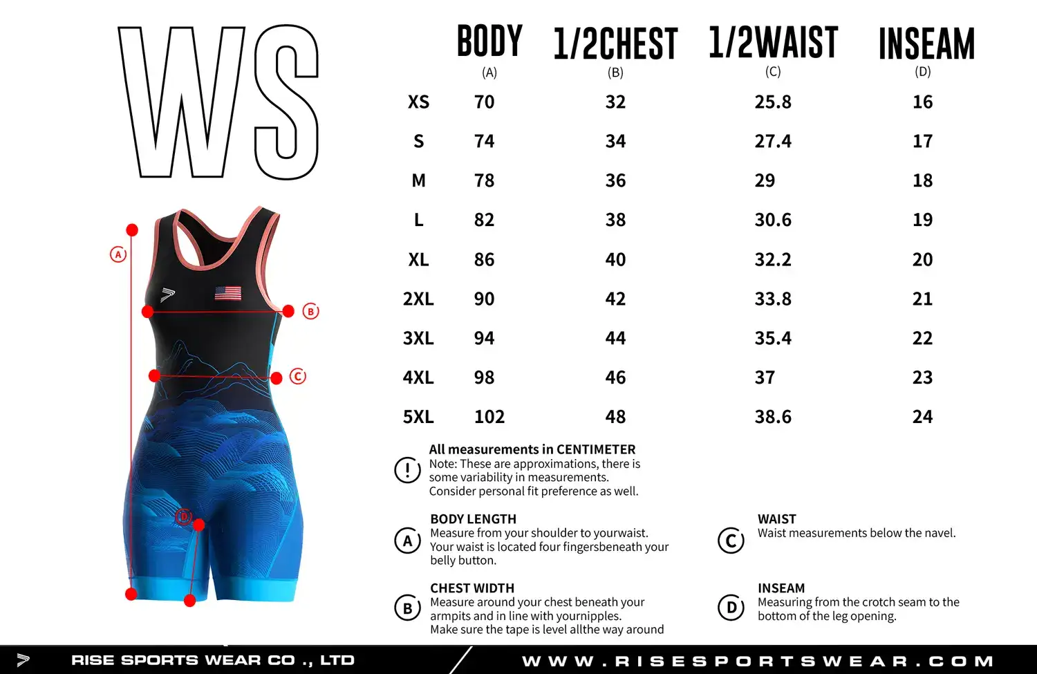 Women's Wrestling Singlet Sizes Chart: customize your own women's wrestling singlet sizes chart, or use Blue Mountain Design Women Wrestling Singlet's sizes chart.