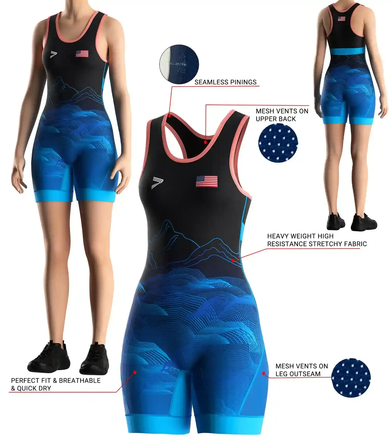 Front and back view of Blue Mountain Design Women Wrestling Singlet with 3D model illustration showing fabric texture, mesh ventilation panels, seamless shoulder design, and ergonomic fit details for professional training and competition.