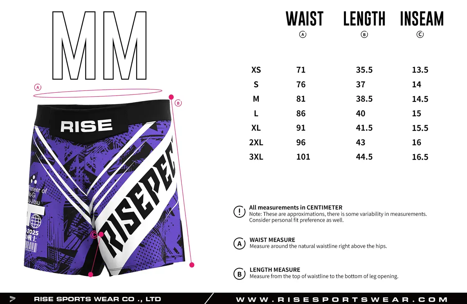Customize your own sizes chart, or use Purple Line Pattern MMA Shorts' sizes chart.