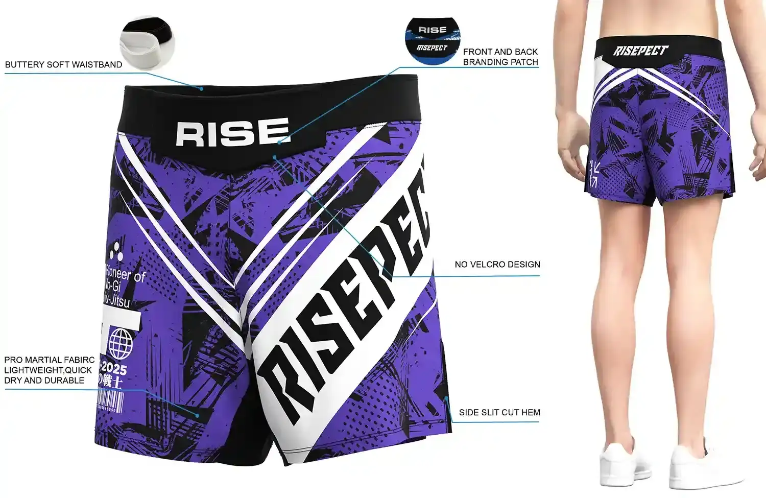 Front and back view of Purple Line Pattern MMA Shorts, showing buttery soft waistband, front and back branding patches, no-velcro design, pro martial fabric, and side slit cut hem.