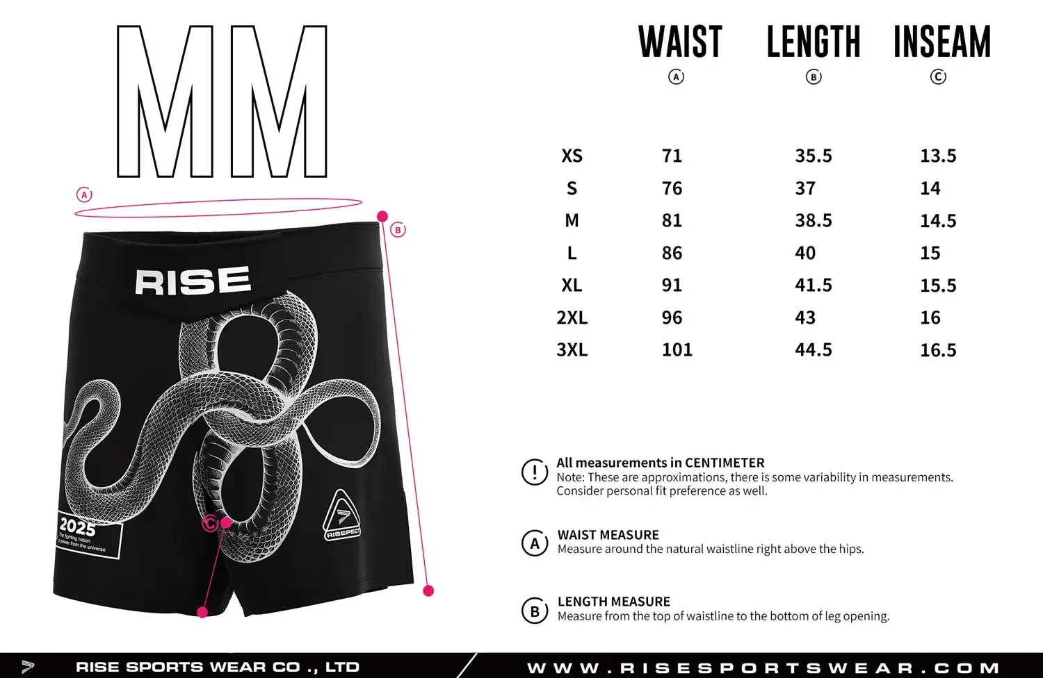 Customize your own sizes chart, or use Snake Print BJJ MMA Shorts' sizes chart