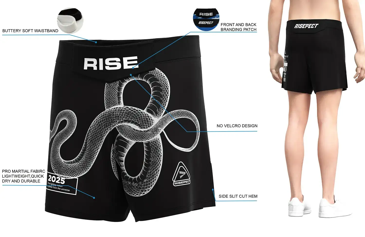Front and back view of Snake Print BJJ MMA Shorts, showing buttery soft waistband, front and back branding patches, no-velcro design, pro martial fabric, and side slit cut hem.