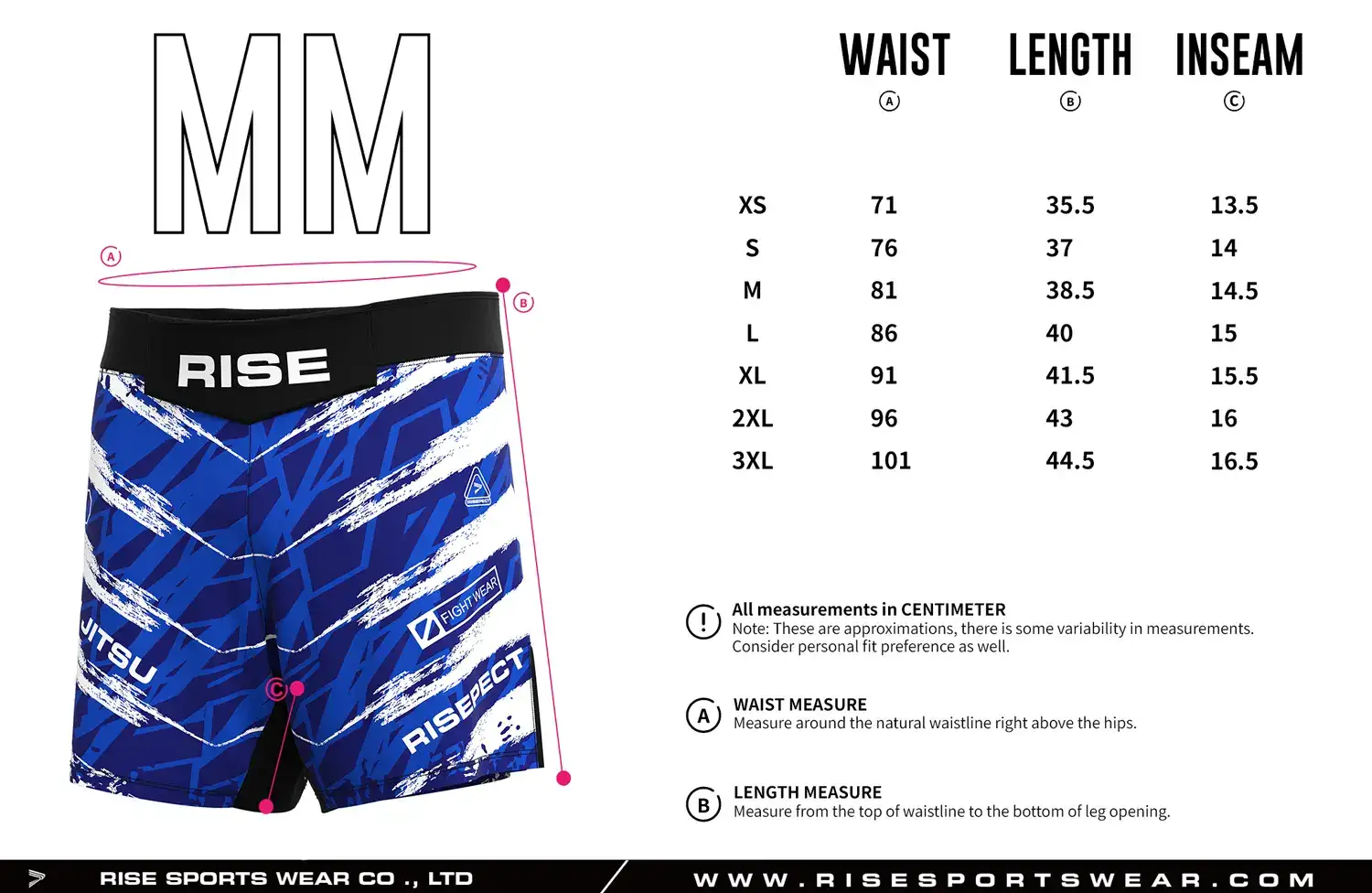 Customize your own brand/club/team sizes chart, or use RISE Abstract Brushstroke Pattern MMA Shorts' sizes chart.