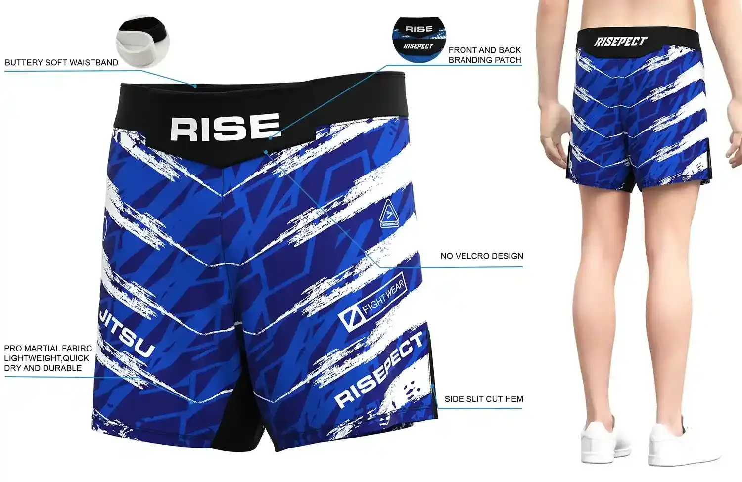 Front and back view of RISE Abstract Brushstroke Pattern MMA Shorts, showing buttery soft waistband, front and back branding patches, no-velcro design, pro martial fabric, and side slit cut hem.